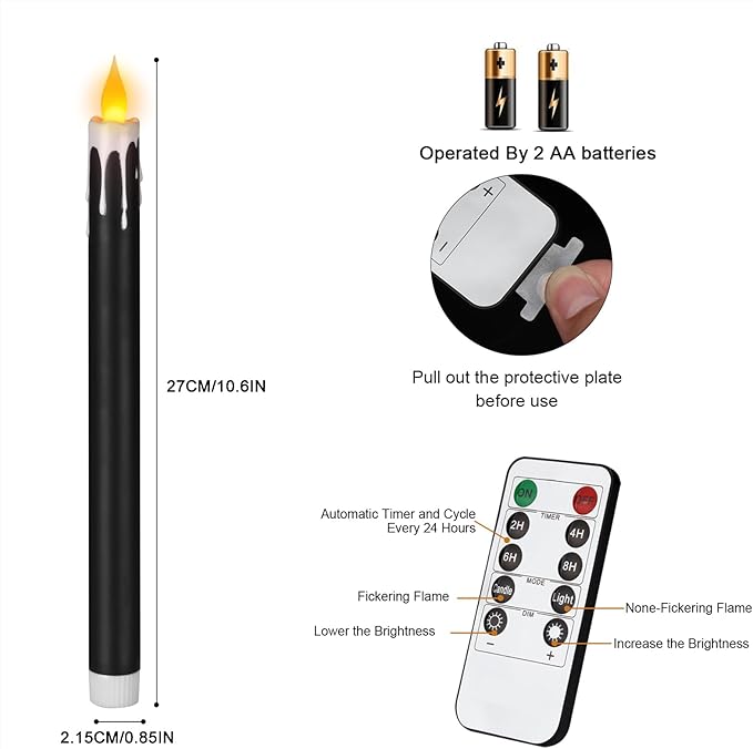 Flameless Taper Candles 10.6" Dripless Battery Operated Taper Candles Included Remote Timer 400+ Hours by 2AA Batteries for Halloween Christmas Wedding (Black+White, 12 Pack)
