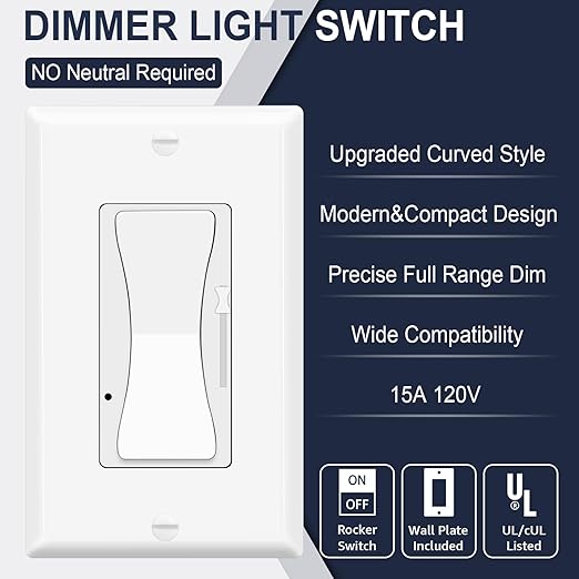 Dimmer Light Switch,Greencycle 2PK Single Pole/3 Way Dimmer Switch for Dimmable 150W LED CFL Light,600W Halogen and Incandescent,15A 120V,Neutral Wire Not Required,Residential/Commercial,ETL Listed