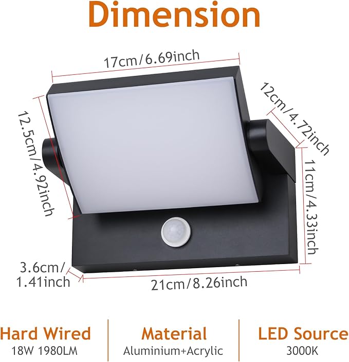Motion Sensor Outdoor Light Black 350 °Rotatable 18W 1980LM Modern Porch Light IP65 Waterproof Wall Sconce for Outside 3000K Warm White Patio Light for Entrance Doorway House Gardern Garage