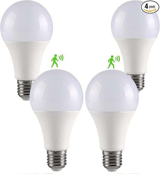 4 Pack Motion Sensor Light Bulbs,12W (100W Equivalent), Motion Activated Dusk to Dawn A19 E26 LED Bulb, Glass-Penetrating Sensor, Upward/Downward Mounting, Indoor & Outdoor for Garage, Porch, Hallway