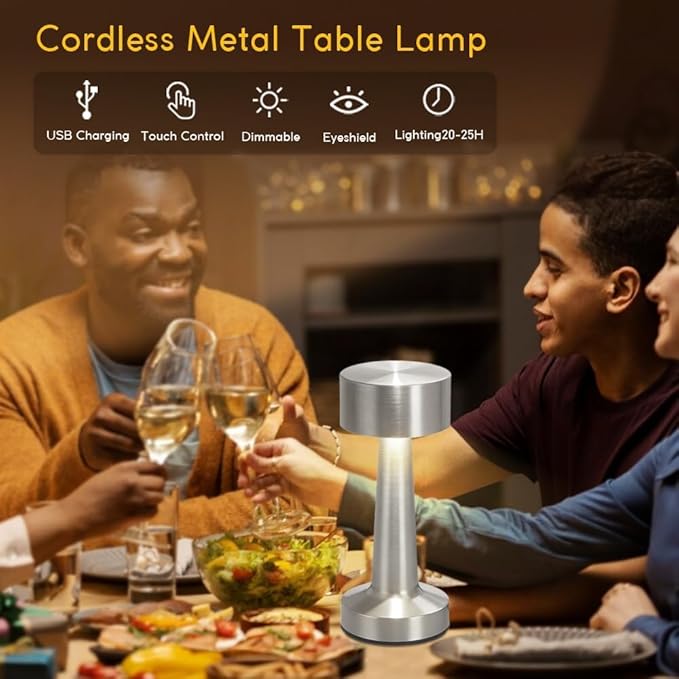 Portable LED Table Lamp, 3-Levels Brightness Metal Desk Lamp,3 Color Touch Control Rechargeable Lamp, Ideal Bedside Lamp for Nightstand,Bedroom, Living Room (Silver)