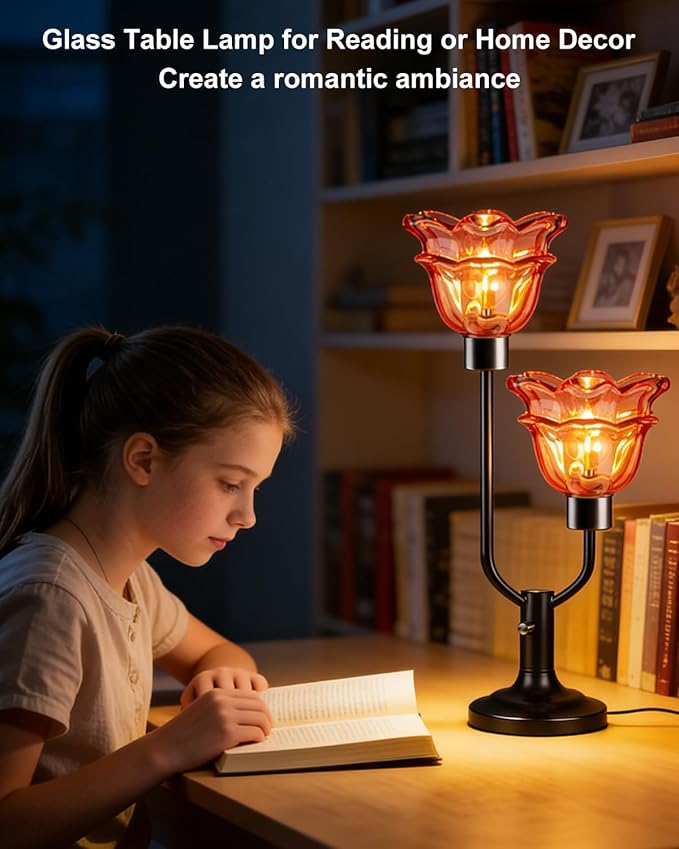 Lightdot Mid Century Modern Flower Table Lamp Black Dimmable U-Shaped Deep Red Glass Desk Lamps with 2Pcs 3000K Warmwhite Bulbs Included Bedside Nightstand Lamp for Living Room Bedroom