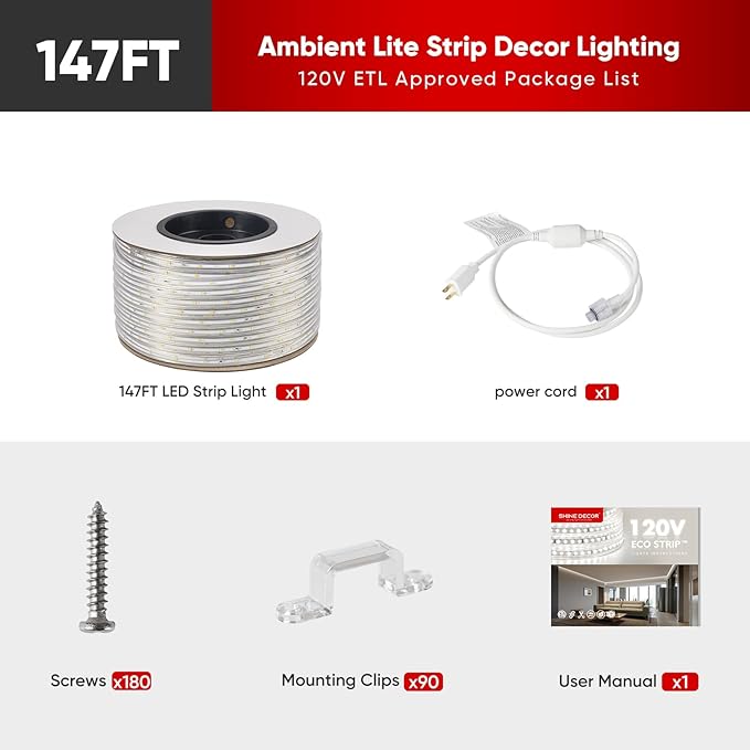 Shine Decor LED Strip Lights 108w Low Consumption, Cold Resistant IP65 Waterproof Outdoor Rope Light 120 VAC, Cuttable Connectable Indoor Lite Lighting Strip 147 FT ETL Listed 7x10mm 2800K Warm White