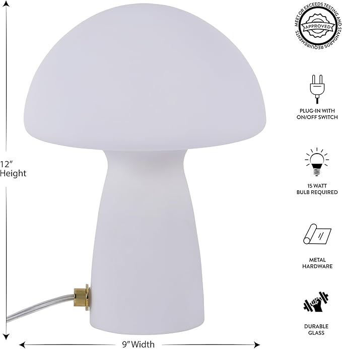 Urban Lifestyle White Matte Mushroom Lamp,12" Glass Novelty Table Light, Plug-in Retro Decor for Bedroom, Living Room, Dorm