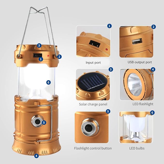 LED Camping Lantern, Solar and Rechargeable Lantern Flashlight Collapsible and Portable Light for Daily/Camp/Hiking/Night Fishing/Emergency/Hurricanes/Storm(1 Pack)