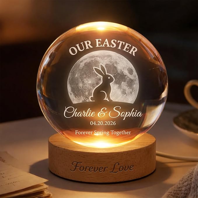 Personalized Our Easter Crystal Ball LED Night Light, Custom Couple Name Bunny Moon Glass Globe Lamp with Wooden Base, Romantic Easter Keepsake Gift for Him Her Anniversary Décor