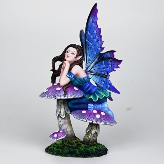 Fantasy Mushroom Fairy Figurine, 6.1 Inch Blue-Purple Gradient Elf Statue, Hand-Painted Resin Decor with 3D Mushroom Base for Fairy Garden, Desk, Living Room Display