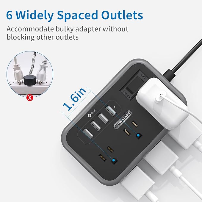 2 Pack Power Strip with 6 Outlets(2 Side) and 4 USB, NTONPOWER Flat Plug Extension Cord 5 Ft, Overload Protection, Wall Mount, Compact Size Charging Station for Office Desk, Nightstand and Travel