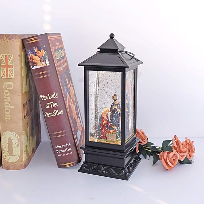 DRomance Nativity Music Snow Globe Lantern with Timer Battery Operated & USB Powered Lighted Singing Snow Globe Lamp Spinning Water Swirling Glitters Christmas Decor 4" x 4" x 12"