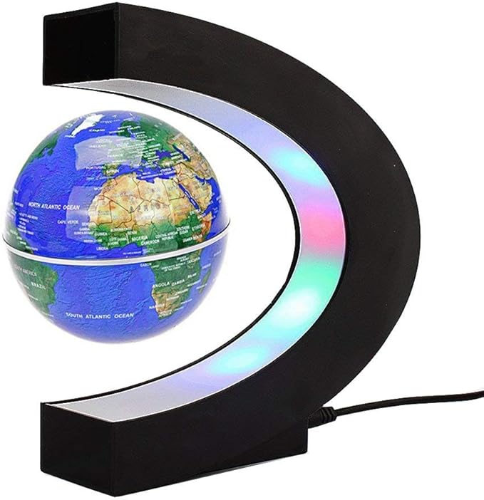 Floating Globe with LED Lights C Shape Magnetic Levitation Floating Globe World Map for Desk Decoration (Blue)