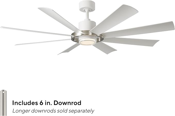 Modern Forms Aura Indoor and Outdoor 8-Blade 60in Smart Ceiling Fan in Matte White Brushed Nickel Ring with 2700K-3000K-4000K-5000K Selectable LED Light Kit and Remote Control works App