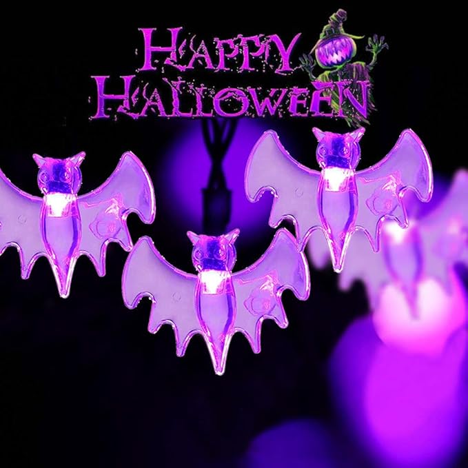 Halloween Solar String Lights, 21.3 Ft 30 LED Purple Bat LED Lights IP65 Waterproof for Halloween Outdoor Indoor Party Decor, Patio, Lawn, Garden, Yard