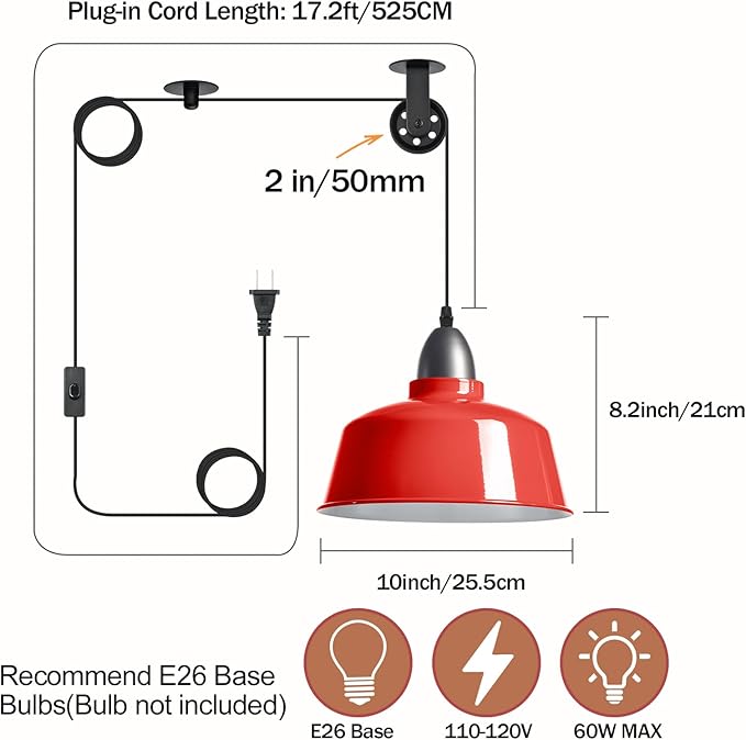 Plug in Pendant Light, Red Farmhouse Hanging Lights with Plug in Cord, Pulley Hanging Lamp, Industrial Pendant Lights Fixture for Kitchen Island, Bedroom, Dining Room, Living Room, Office