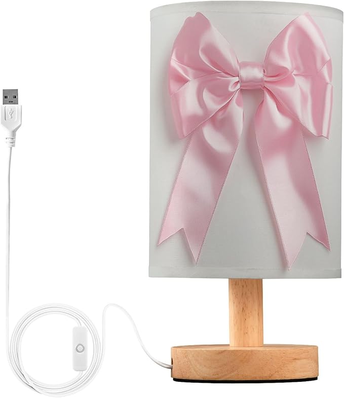 Pink Bow Ribbon Table Lamp with Wood Base Fabric Lamp Shade Bedside Nightstand Desk Lamp for Living Room Bedroom Kids Room Office
