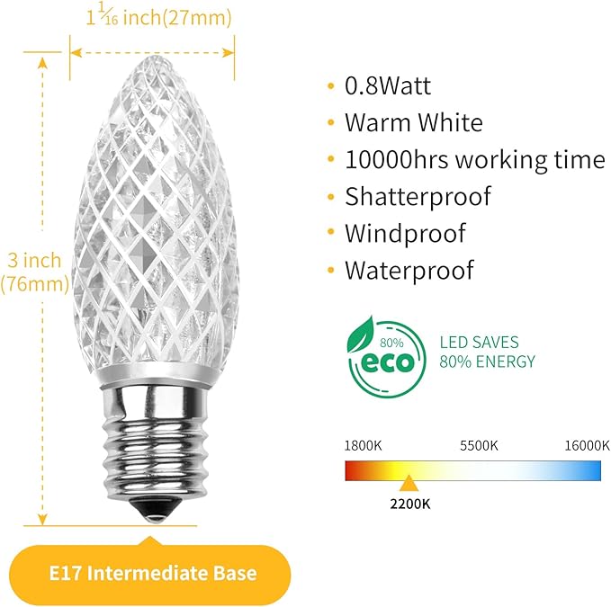 Meconard C9 Led Replacement Christmas Light Bulbs, C9 Shatterproof Led Bulbs for Christmas Indoor Outdoor String Lights,E17 Intermediate Base, Commercial Grade Holiday Bulbs, Warm White, 50Pack