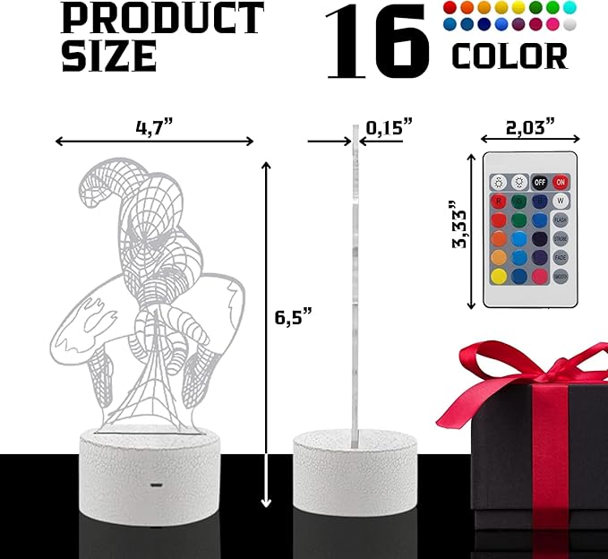 Spider Human Night Light 3D – 3D Illusion Optical Kids Night Lights for Bedroom 16 Colors with Remote 3D Illusion LED Light for Kids Spider Gifts Cute Desk Lamp Ideal Room Decor Gift