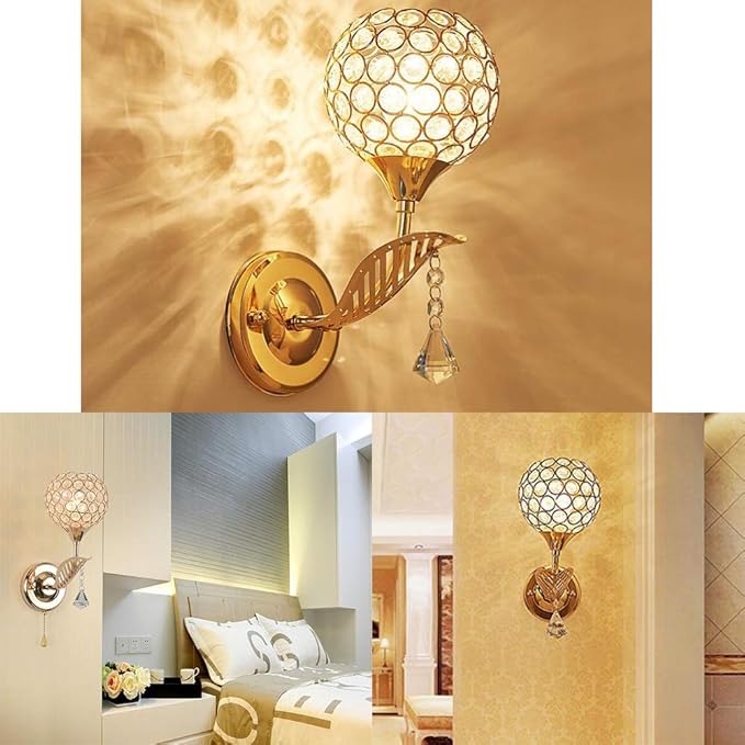 Modern Crystal Wall Light Pendent Lamp Chrome Finish Bedroom Sconce Lighting Fixture with Pull Cord Switch, E14 Socket (Gold)