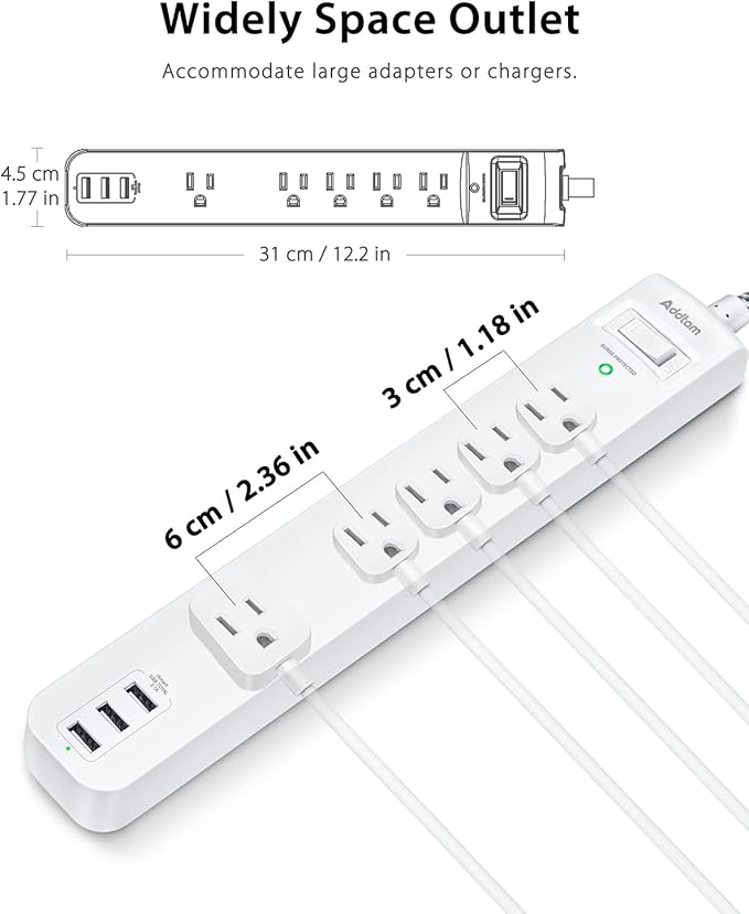 15FT Long Cord Power Strip - Extension Cord Surge Protector, 5 Widely AC Outlets 3 USB Ports, Wall Mount, Flat Plug with Overload Surge Protection for Home, Office, Dorm Room Essentials (2 Pack)