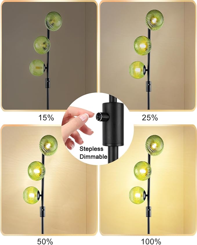 Lightdot Dimmable Floor Lamp for Living Room with 3 Green Glass Globe Shade, Black Pole Standing Lamps with Bulbs Included, Mid Century Modern Floor Lamp for Living Room/Sofa Beside/Corner Decor