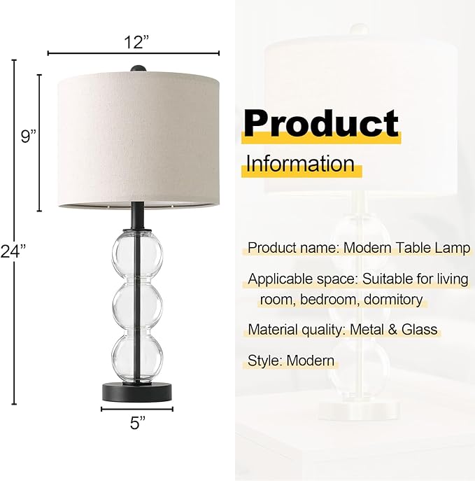 Oneach 24" Glass Table Lamps Set of 2, Black Modern Table Lamps with USB Ports for Living Room, Linen Shade Bedside Lamps for Bedroom, Nightstand, Side Table (Bulbs not Included)