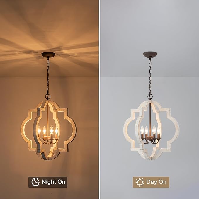 21.7" Oak Farmhouse Chandeliers for Dining Room Light Fixture Orb Distressed White Wood Pendant Light Kitchen Chandeliers over Table Ceiling Hanging Light for Island Living Room Bedroom Entryway Foyer