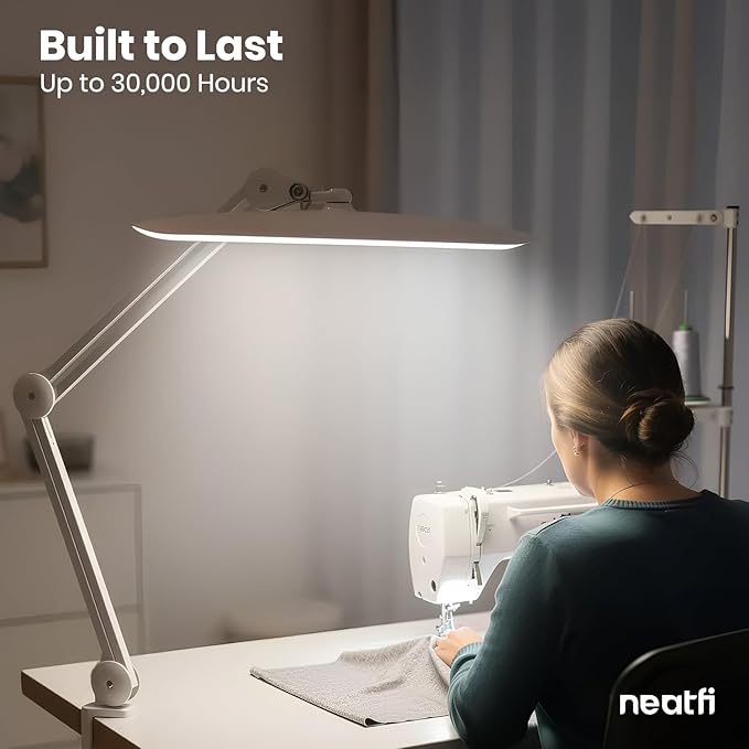 Neatfi XL LED Desk Lamp with Clamp, 2200 Lumens, 24W, 20-Inch Wide Head, Dimmable 4 Brightness Levels, Task Light for Home Office, Crafts, Workbench (Non-CCT, White)