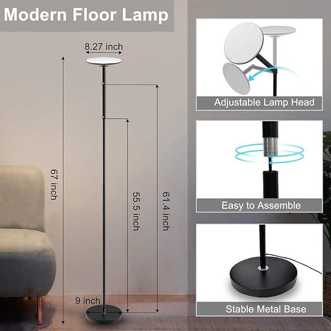 echosari Floor Lamp for Bedroom, Super Bright Torchiere Floor Lamps APP & Remote Control, 67'' Music Sync Tall Standing Lamp for Living Room Office Game Room (RGB & 2700K to 6500K)
