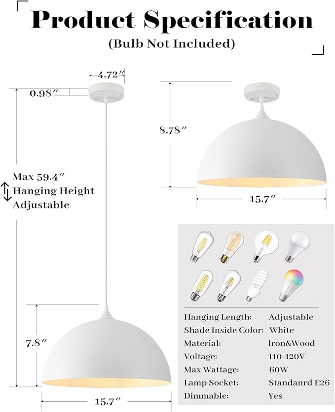 White Pendant Lights Kitchen Island, 16 Inch White Dome Pendant Light, Modern Farmhouse Pendant Light for Kitchen Island, Dining Room, Cafe, Bar, 2 Pack