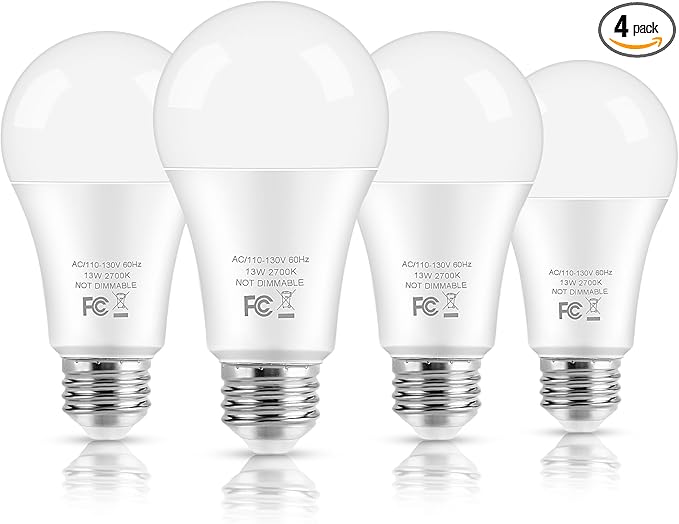 LED Light Bulbs, 100 Watt Equivalent A19 LED Bulbs, 13W 2700K Warm White 1500 Lumens Non-Dimmable Bright E26 Edison Medium Screw Bulbs for Home Bedroom Kitchen Living Room Office Lamp, 4-Pack