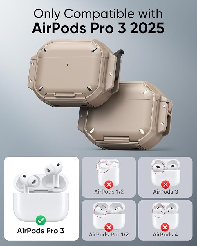 MoKo for AirPods Pro 3 Case with Secure Lock - IP68 Waterproof Case for iPods Pro 3, Military-Grade Protective Cover Earpods Pro 3 with Keychain, Phone Stand & Cleaner Kit, Khaki