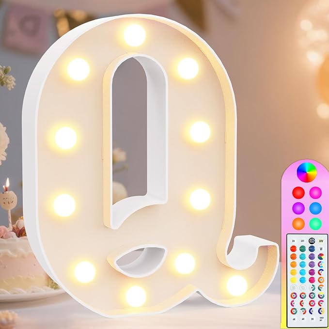 Pooqla Colorful Light Up Letters with Remote, Upgraded 35 Colors LED Marquee Letters, RGB Lighted Letter for Girls Teenager Gift, Birthday, Party, Wedding, Night Light, Room, Bedroom Decor, Letter Q
