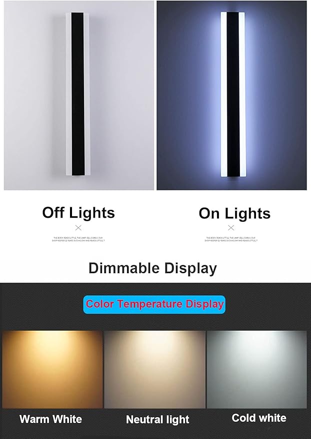 Outdoor Long Strip Modern LED Wall Lighting Fixture Lamps, Elegant Frosted White Acrylic, Black Aluminum Body IP65 Waterproof Anti Rust (Dimmable, 24inch)