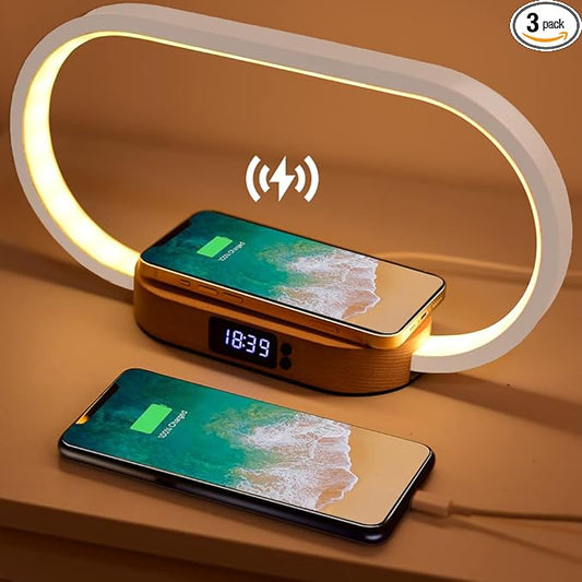 Donewin Bedside Lamp with USB Port,Bedroom Lamp with Wireless Charger,Nightstand Lamp with Clock,Table Lamps for Nightstand,Touch Lamps for Bedroom,Wood Decor,Stepless Dimming&3 Color Modes