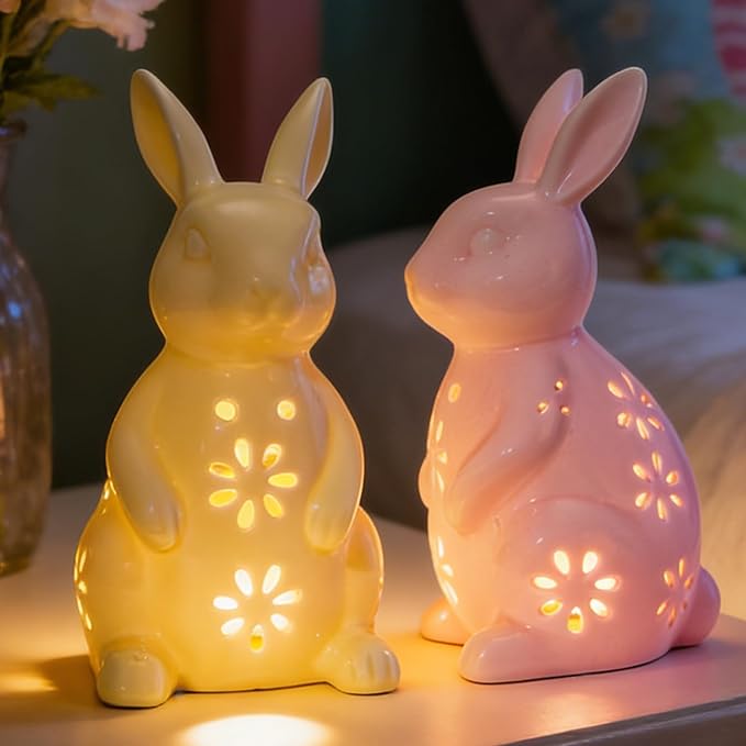 WDS WONDROUS Easter Decorations Light Up Bunny Figurines - 2PCS LED Ceramic Rabbit Statues Decor with Floral Cut-Outs, Glowing Easter Spring Home Decor for Farmhouse Tabletop Shelf Sculpture