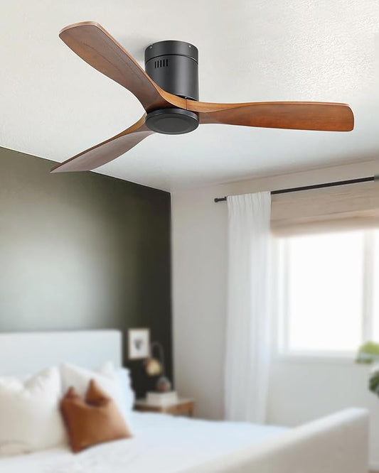 52" Low Profile Ceiling Fan with Remote,Outdoor Flushmount Ceiling Fan with 3 Wood Blade Noiseless Reversible DC Motor, For Living room Bedroom Farmhouse