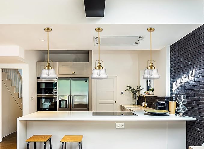 Modern Schoolhouse Pendant Light Fixtures Brass Hanging Kitchen Light with Clear Shade, E26 Light for Dining Room, Bedroom, Bathroom