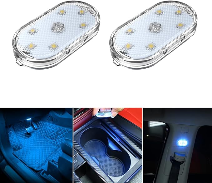 2 PCS Car Led Lights Interior,Ice Blue Ambient Lighting Car Interior,USB Rechargeable Car Interior Reading Light,Portable Led Lights for Car