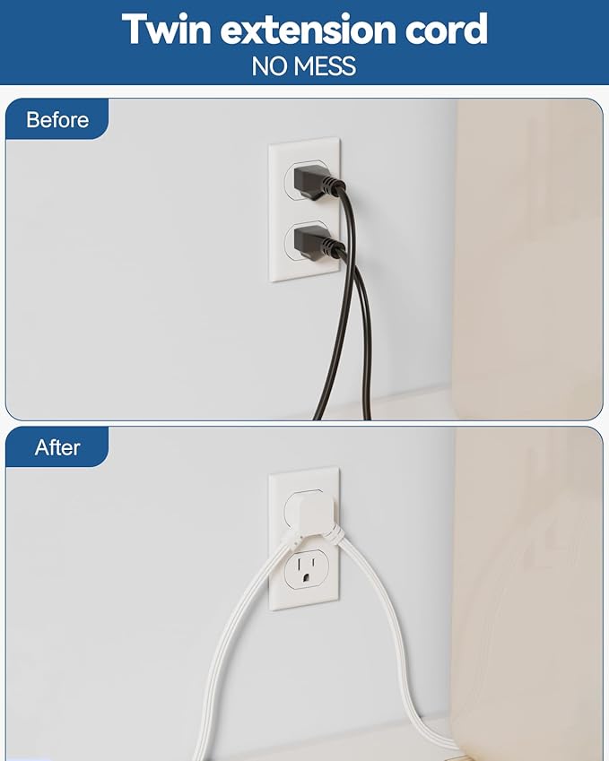 Split Extension Cord 20FT (10FT on Each Side), Single Flat Plug Twin Extension Cord with 4 AC Outlets, 2 USB-A & 3 USB-C(24W/4.8A), Nightstand Charging Station for Bedroom Dorm Room Home, His and Hers