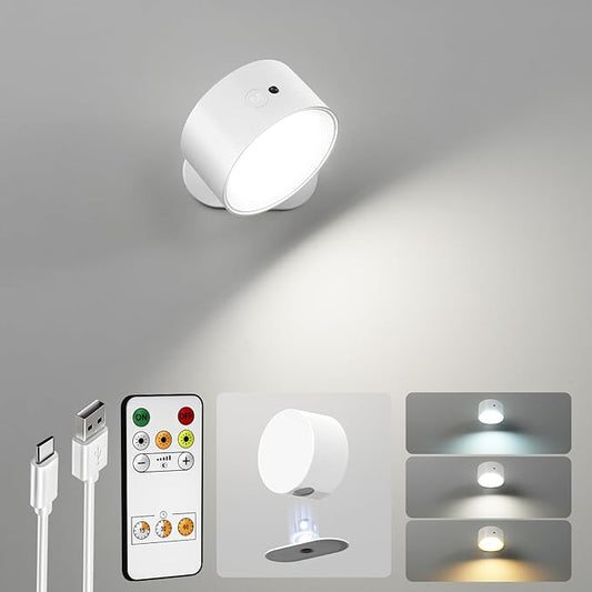 LED Wall Mounted Lights, Rechargeable Wall Sconces Lamp, 3 Color Temps & Remote and Touch, 360°Rotation Dimmable Cordless Wall Light for Study Bedroom Reading Bedside(White, 1 Pack)