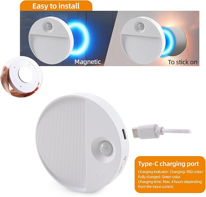 DAMI Rechargeable Motion Sensor Night Light Indoor, 2 Pack - Dimmable LED Closet Lights with 3 Color Temperatures, Magnetic Stick-On Wireless Under Cabinet Lighting for Hallway, Stairs, Kitchen