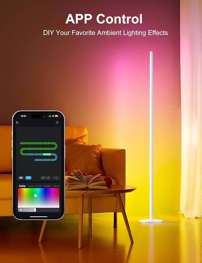 White Corner Floor Lamp, LED Corner Lamp with Music Sync, APP & Remote Control RGBW IC Floor Lamp Color Changing Ambient Lighting for Living Room, Bedroom, Gaming, Party