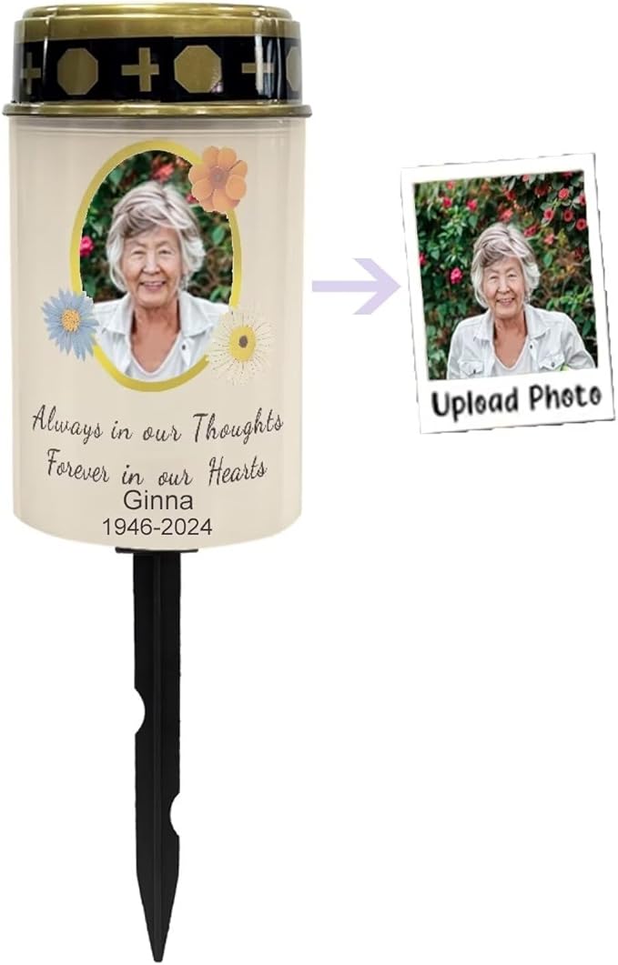 Personalized Solar Lights for Cemetery Decorations Custom Flameless Candles with Photo Name Waterproof Outdoor Solar Power Lights Memorial Flameless Candle