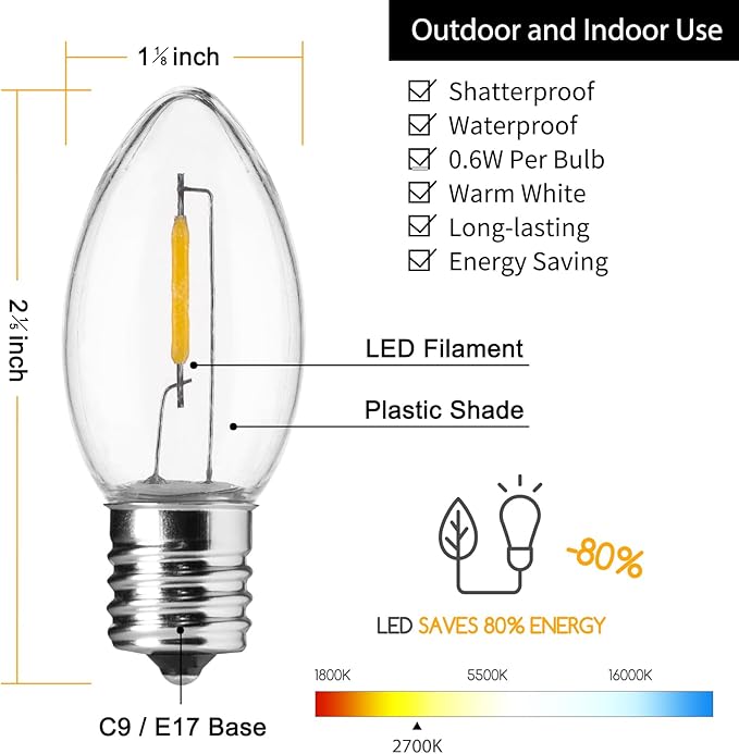 Brightown 50 Pack C9 LED Christmas Light Bulbs, Clear Plastic C9 Shatterproof LED Bulbs Replacement for Christmas String Lights, E17 Intermediate Base, Commercial Dimmable Holiday Bulbs
