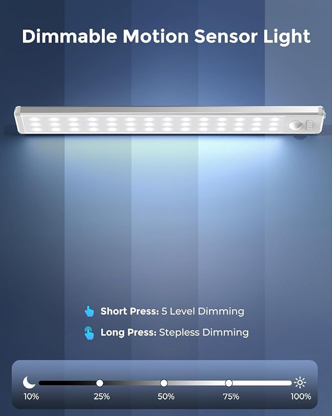 Under Cabinet Lighting with 3 Color Temps - 10.5" Motion Sensor Light Indoor, Magnetic Wireless Closet Lights, Dimmable Led Light, Rechargeable Under Counter Lights for Kitchen, Bedroom, Stair, 2 Pack