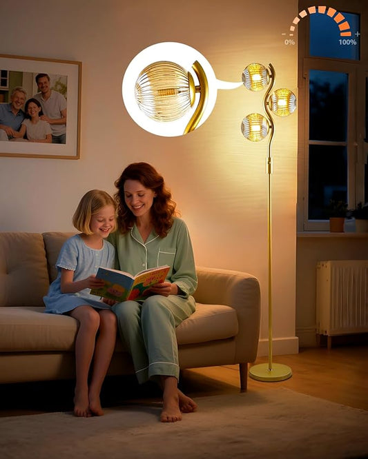 Lightdot 60IN Dimmable Gold Floor Lamp with 3 Glass Globe Mid Century Standing Lamps with 3Pcs 3000K Bulbs Included Stepless Brightness Adjustable Modern Tall Lamp for Bedroom/Sofa Beside/Corner Decor