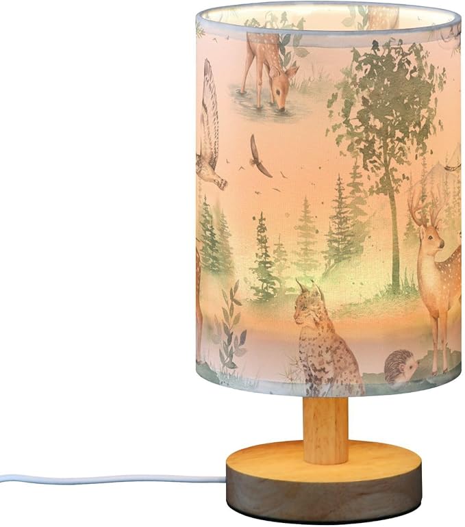Bedside Table Lamp Woodland Animals Nightstand Lamp with Wood Forest Deer Owl Lynx Hedgehog Ermine Tree Desk Lamps for Bedroom Living Room Nursery Office Home Decor