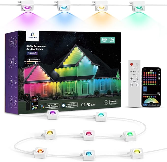APPECK Permanent Outdoor Lights 200ft with 144 LED Lights, 72W Smart RGBW Eaves Lights, DC 36V, 40LM, IP67 Waterproof String Lights for Halloween Christams Decor, Compatible with Alexa, White