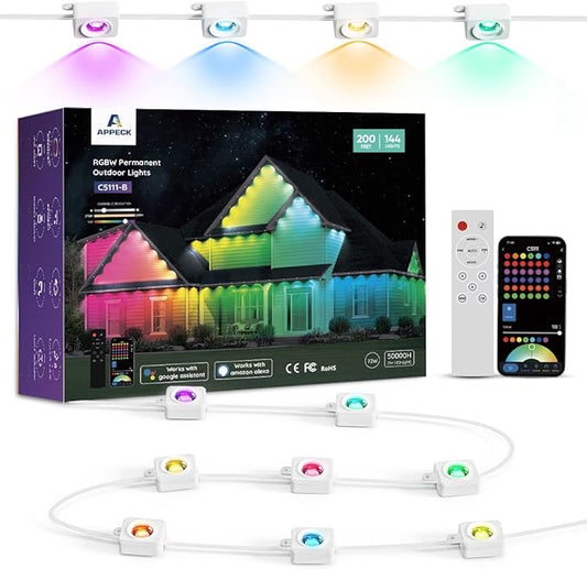 APPECK Permanent Outdoor Lights 200ft with 144 LED Lights, 72W Smart RGBW Eaves Lights, DC 36V, 40LM, IP67 Waterproof String Lights for Halloween Christams Decor, Compatible with Alexa, White