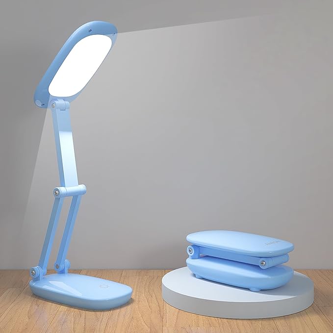 LED Desk Lamp for Office & Home, Battery Operated, Foldable & Portable Light, 2-Fold Bracket, 3 Brightness Dimmable, Wireless Reading Lamp (Blue)