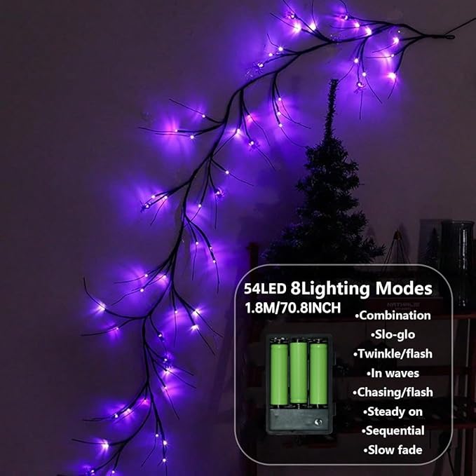 6FT Halloween Spider LED Willow Branch Lights, Artificial Willow Vine Light with 8 Lighting Modes, 18 Purple Spider Battery Operated for Mantle Wall Fireplace Decorations